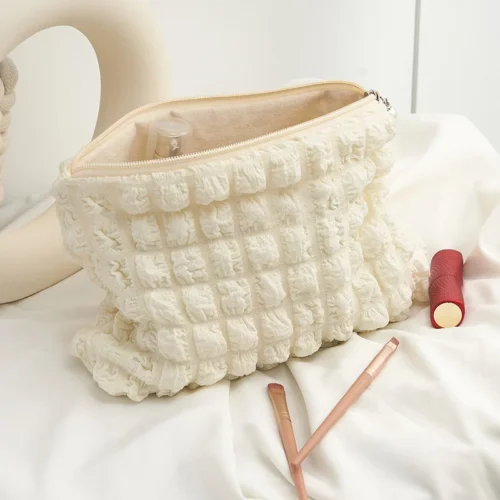 Travel Organizer Portable Zipper Soft Makeup Pouch for Lady Girls Popular Boho Reusable Bubble Cloth Capacity Cosmetic Bag