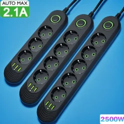 Alternative view of 2500W AC Outlet Power Strip with USB Ports and Network Filter for European Standard Sockets