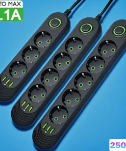 Alternative view of 2500W EU Plug AC Outlet Multiprise Power Strip Extension Cord European Standard Socket Network Filter With USB Ports Charging