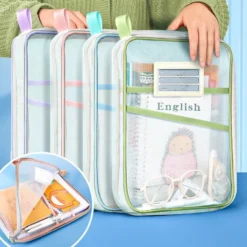 A4 Double-Layer Mesh Zipper Storage Bag - Large Capacity Organizer for Office and School Supplies
