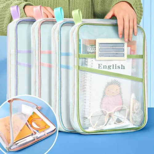 A4 Double-Layer Mesh Zipper Storage Bag - Large Capacity Organizer for School and Office Supplies