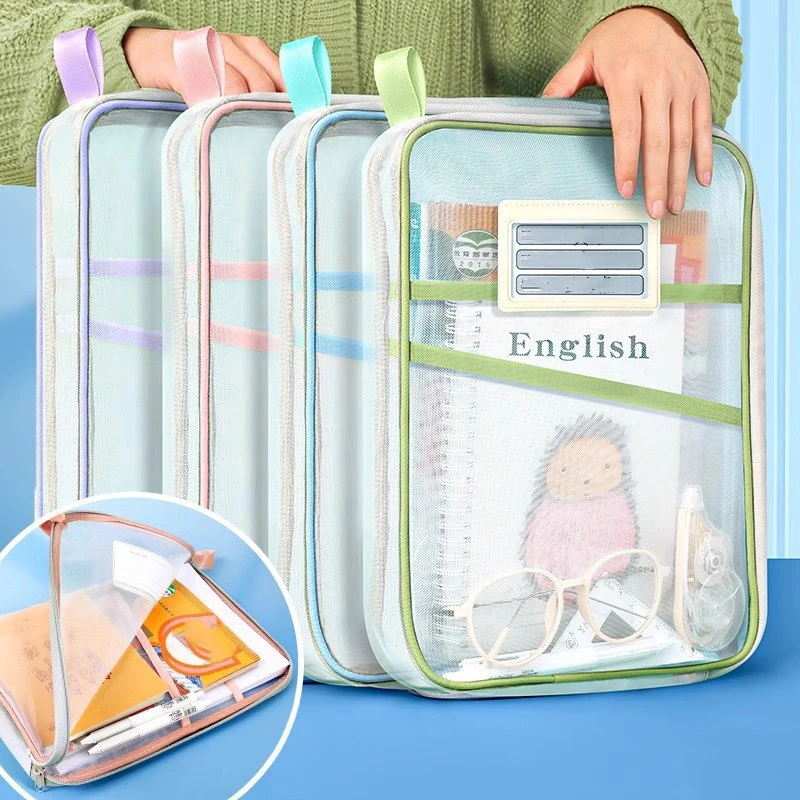 A4 Double-Layer Mesh Zipper Storage Bag - Large Capacity Organizer for School and Office Supplies