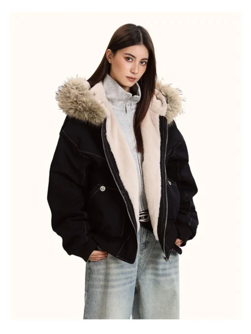 Parka Jacket with Thicken Padded Fur Collar for Men and Women in Winter Streetwear Style - Image 3