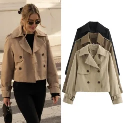 Cropped Vintage Trench Jacket for Women with Double Breasted Design and Long Sleeves
