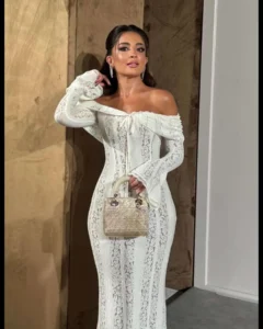 Off the Shoulder Lace Wedding Guest Dress with Flare Sleeves in Red - White, XL