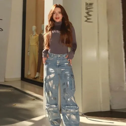 Vintage Denim Wide-Leg Baggy Jeans for Women with Autumn High Street Print - Image 4