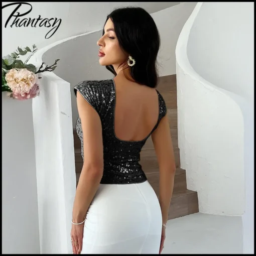 Sleeveless Sequin T-shirt for Women - Casual Basic Solid Color Top for Spring and Summer - Image 5