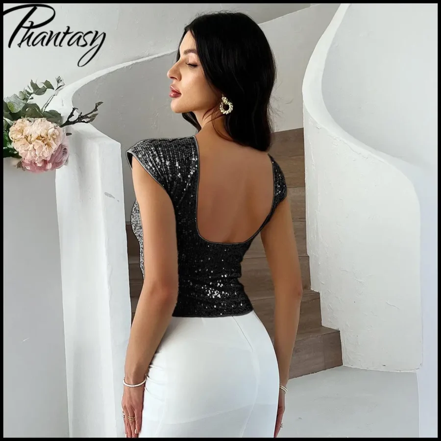 Elegant Commuter Women's Sleeveless Top Casual Basic Solid Color Sequin T-shirt Spring Summer Dress Up for Lady Female Clothes - Image 5