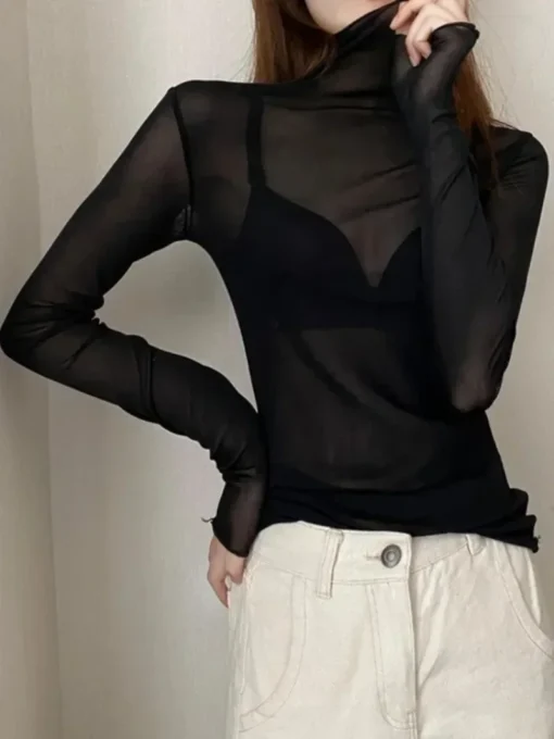 Sheer Mesh Long Sleeve Turtleneck Top with Lace Details for Women - Image 3
