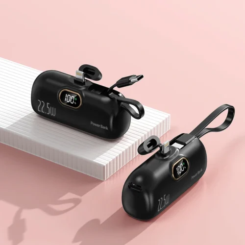 Mini 5000mAh Power Bank with 22.5W Fast Charging and Built-in Cable for iPhone and Samsung