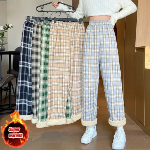 Wide-Legged Plaid Plush Trousers for Women - Casual Winter Loose-Fitting Pants - Image 2