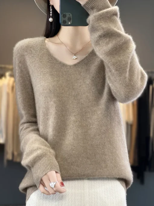 Merino Wool Sweater V-Neck Long Sleeve Knitwear for Women Autumn Winter Tops - Image 3