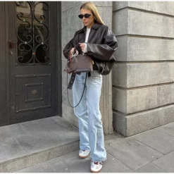 Alternative view of Vintage PU Leather Bomber Jacket with Belt - Long Sleeve Autumn Streetwear for Women