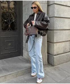 Alternative view of Vintage PU Leather Bomber Jacket for Women - Long Sleeve, Zipper, with Belt, Autumn Streetwear