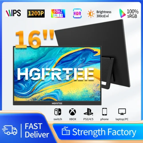 HGFRTEE 16-Inch Portable IPS Monitor - 16:10 Aspect Ratio, 100% RGB, 300 cd/m² - Compatible with Mac, Laptop, PC, Xbox, PS5, Switch