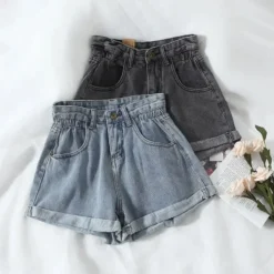 High-Waist Loose Denim Shorts with Retro Design for Women, Ideal for Casual Summer Wear