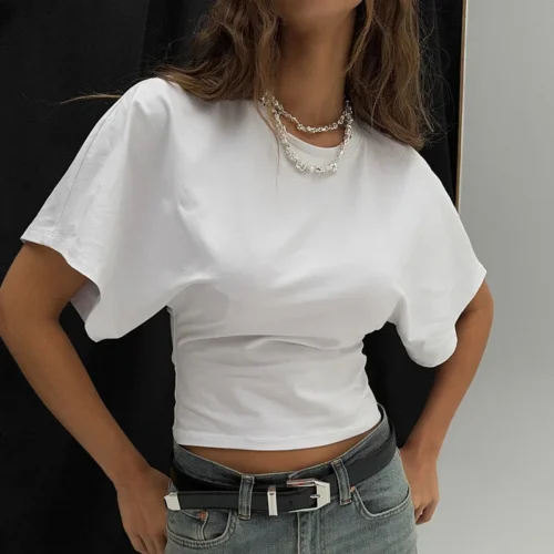 Alternative view of Fashion Casual Solid Gray Cropped T-shirt 2025 Woman Clothes O-neck Corset Tops Streetwear Girls Spring Summer Short Tee Shirts