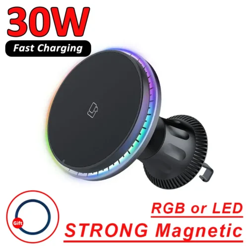 30W Magnetic Wireless Car Charger with RGB Lighting for iPhone Pro Max