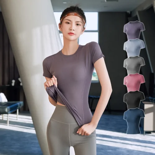 Alternative view of 2024 Women's Sports Fitness Clothing Slim Running Sweat Absorbing Skinny Yoga Clothes Quick Drying Clothes Short Sleeved T-shirt