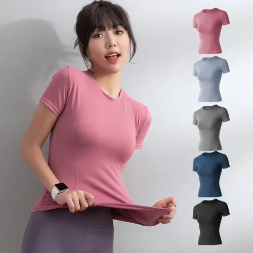 2024 Women's Sports Fitness Clothing Slim Running Sweat Absorbing Skinny Yoga Clothes Quick Drying Clothes Short Sleeved T-shirt