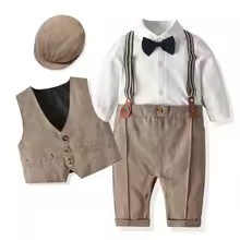 Alternative view of Newborn Boy Formal Clothes Set Infant Boy Gentleman Birthday Romper Outfit With Hat Vest Long Sleeve Infant Jumpsuit Suit Formal