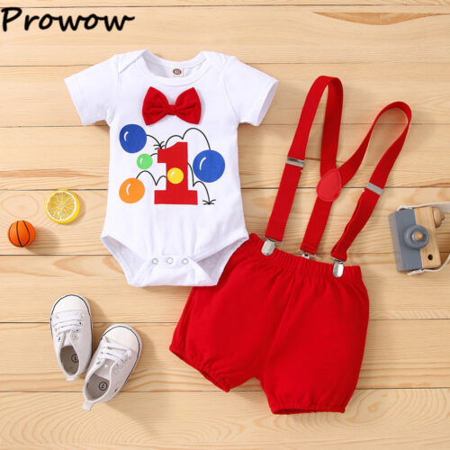 Alternative view of Baby Boys Birthday Outfits Sets Balloon Letter"1" Bodysuit and Y-back Suspender Shorts 1 Year Birthday Baby Cake Smash Clothes