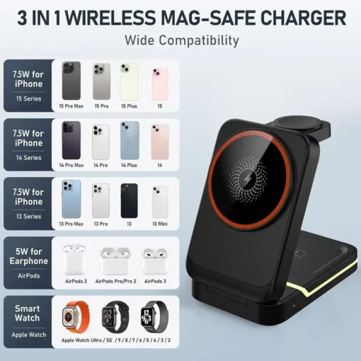 3 in 1 Wireless Charger with Magnetic Foldable Design for MagSafe iPhone, Apple Watch, AirPods - Image 6