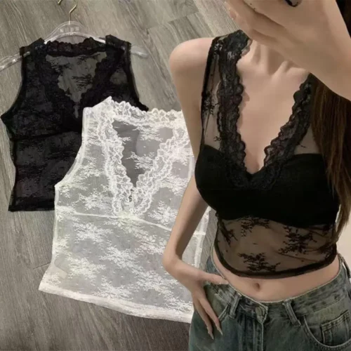 Alternative view of Sexy Lingerie Wire Free Bra Tank Tops Women V-Neck Strap Vest Women Slim Fit Short Base Shirt Inner Wear Summer See Through Top