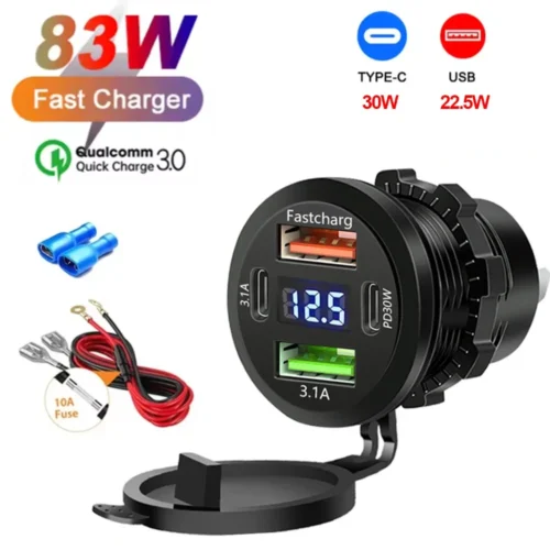 NEW 117W Dual PD Dual QC 3.0 USB Car Charger with Voltmeter Socket Power Outlet Adapter Waterproof for 12V/24V Car Boat Hot Sale