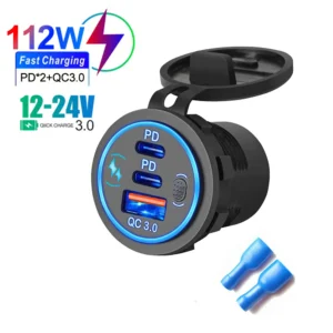 Car Charger Socket with Dual USB-C Ports, PD3.0 & QC3.0, Waterproof Design - Blue