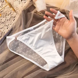 Cotton Mid Waist Briefs with Lace Trim and Dot Print for Women - White, M