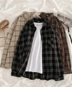 Alternative view of Vintage Plaid Shirts Women Autumn Long Sleeve Oversize Button Up Shirt Korean Fashion Casual Fall Outwear Tops Blusas Mujer