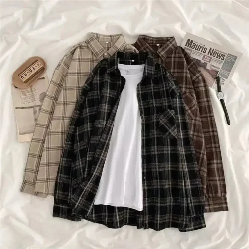 Alternative view of Vintage Plaid Shirts Women Autumn Long Sleeve Oversize Button Up Shirt Korean Fashion Casual Fall Outwear Tops Blusas Mujer