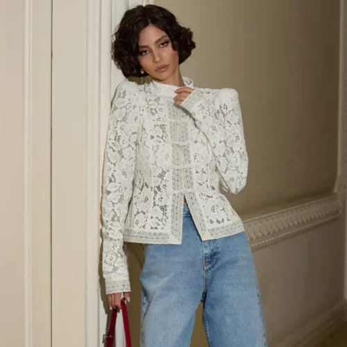 Alternative view of Linad Elegant Embroidery Puff Sleeve White Shirts Summer Sexy Hollow Out Lace Blouse Casual Sand Collar Top 2025 Vintage Shirts