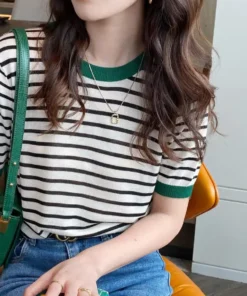 Alternative view of 2025 Stripe Tops Women Knitted Round Collar Summer Print Short Sleeve Casual Simple Wild T-Shirt