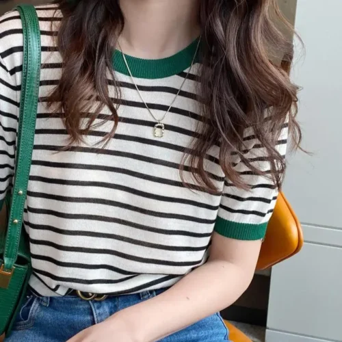 Alternative view of 2025 Stripe Tops Women Knitted Round Collar Summer Print Short Sleeve Casual Simple Wild T-Shirt