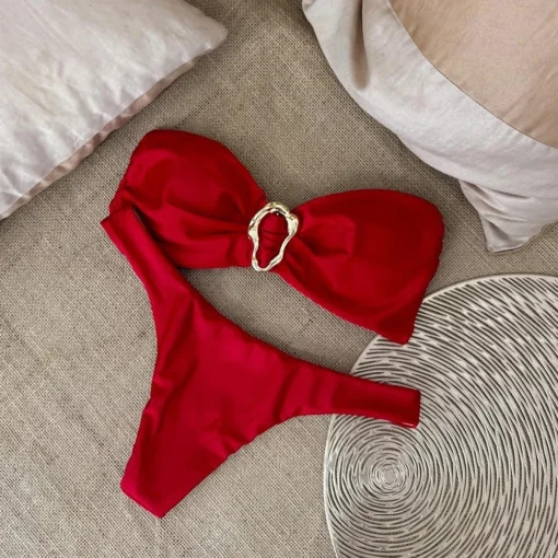 Lingerie Set with Solid Color Design and Strapless Bikini for Women - Image 4