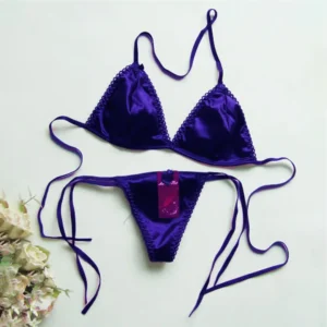 Women’s Satin Thong Underwear Set with Elastic T-back Design for Everyday Wear - Blue, One Size