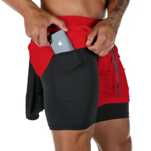 2 In 1 Camo Running Shorts Quick Dry Workout Training Shorts for Men - style1 Red, M(170cm 60kg)