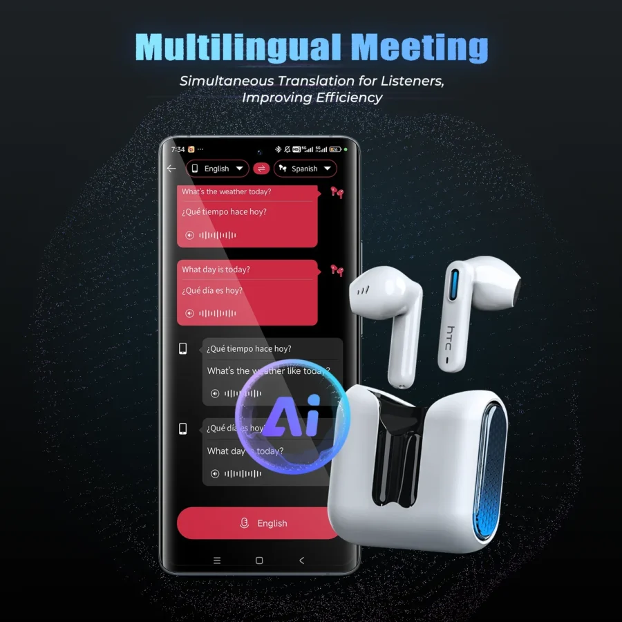 HTC NE49 Wireless Headphones Earphones Bluetooth V6.0 TWS In-Ear Comfortable Earbuds Ultra low latency AI Translator Earbuds - Image 4