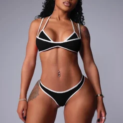 Patchwork Swimsuit Set with Halter Bra Top and Panties for Women