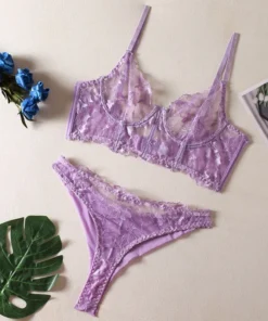 Bikini Embroidered Mesh Fishbone Underwire Camisole Low-Cut Triangle Panties Sexy Lingerie Set