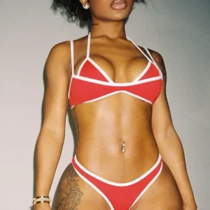Women's Halter Bra Top and Skinny Panties Set with White Border for Summer Wear - Red, M