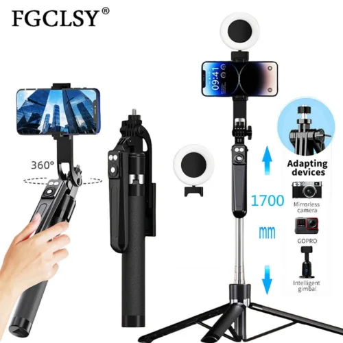 FGCLSY 1.7M selfie stick tripod with Light wireless remote control 360 ° rotation for smartphone video recording live streaming
