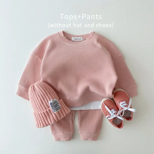 Waffle Cotton Tracksuit Set - Soft Pullover Top and Pants for Kids - Image 3