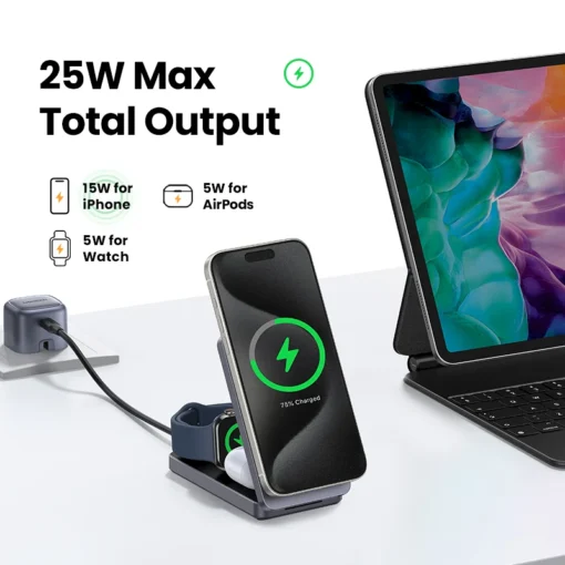 UGREEN 3-in-1 Magnetic Wireless Charger with 15W Max Fast Charging for iPhone 16 17 Pro Max - Image 2