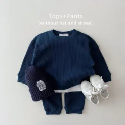 Alternative view of Waffle Cotton Tracksuit Set - Soft Pullover Top and Pants for Kids