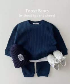 Alternative view of Korean Baby Clothing Sets Waffle Cotton Kids Boys Girls Clothes Spring Autumn Loose Tracksuit Pullovers Tops+Pants 2PCS Sets