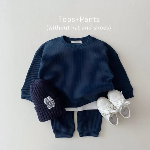 Waffle Cotton Tracksuit Set - Soft Pullover Top and Pants for Kids - Image 2