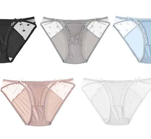 Girls French Pure Desire Sexy Low Waist Triangle Briefs Mesh Satin Strap Bow Hollow Breathable Underwear Panties Pants